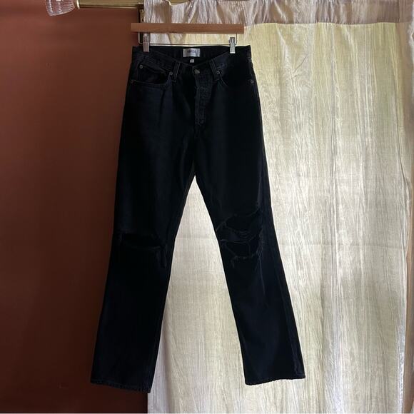 Agolde Lana Mid Rise Vintage Straight Black Distressed Knees Button Fly Size 27 - Picture 2 of 7